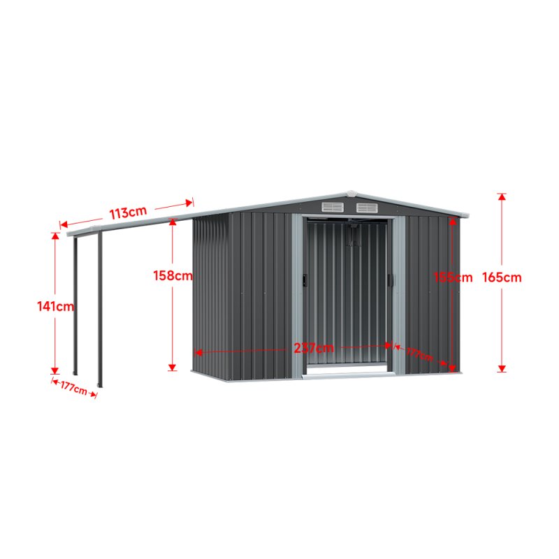 Living and Home Outdoor Metal Storage Shed with Lean-to, Dark Grey