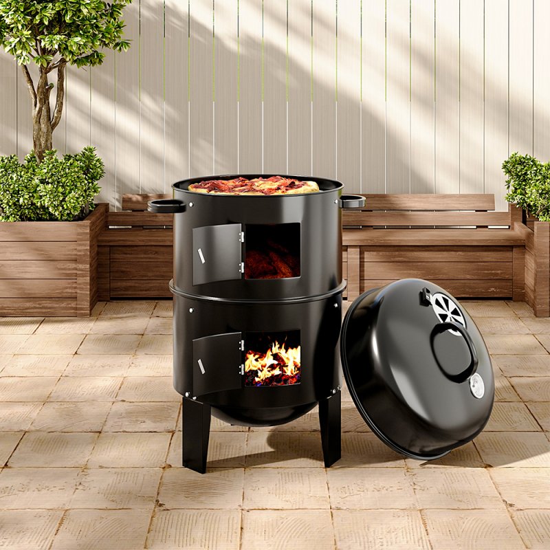 Rattan Patio Furniture Set Black + 3-In-1 Portable Outdoor Charcoal BBQ Grill Smoker Bundle
