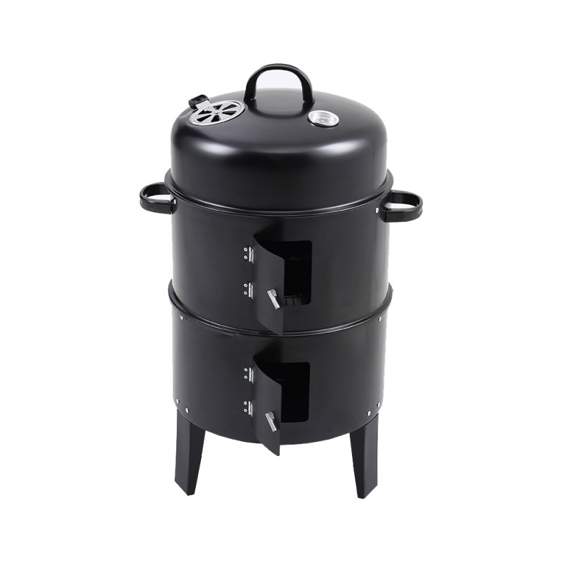 Rattan Patio Furniture Set Black + 3-In-1 Portable Outdoor Charcoal BBQ Grill Smoker Bundle