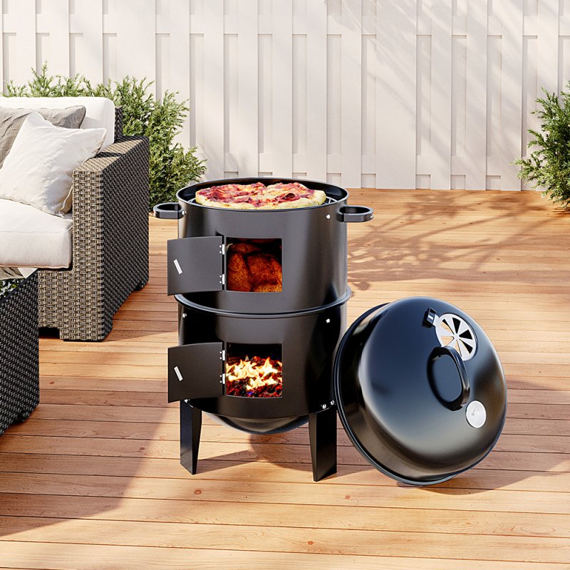 Rattan Patio Furniture Set Black + 3-In-1 Portable Outdoor Charcoal BBQ Grill Smoker Bundle