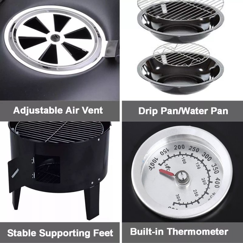 Rattan Patio Furniture Set Black + 3-In-1 Portable Outdoor Charcoal BBQ Grill Smoker Bundle