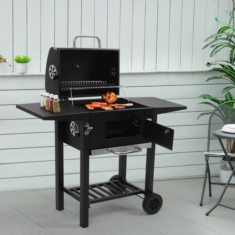 Living and Home Outdoor Garden Carbon Steel Charcoal Grill with Side Tables and Wheels