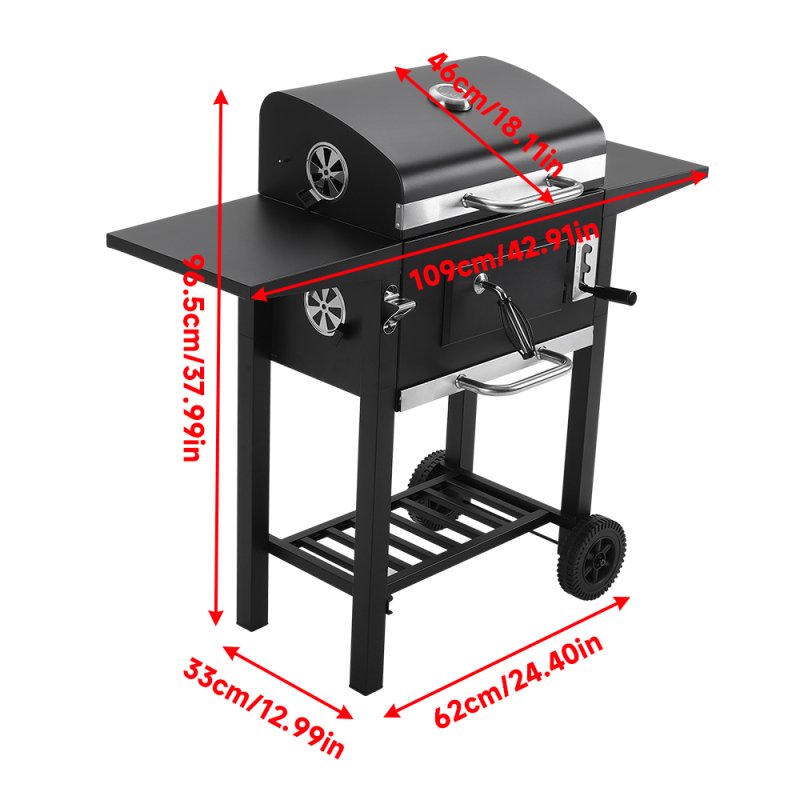Living and Home Outdoor Garden Carbon Steel Charcoal Grill with Side Tables and Wheels
