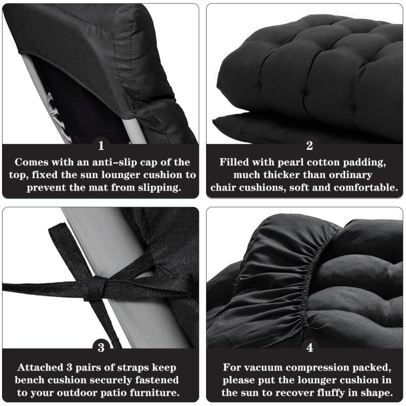 Living and Home Non-slip Sun Lounger Cushion for Garden Patio Black, 160cm(W) x 50cm(D)