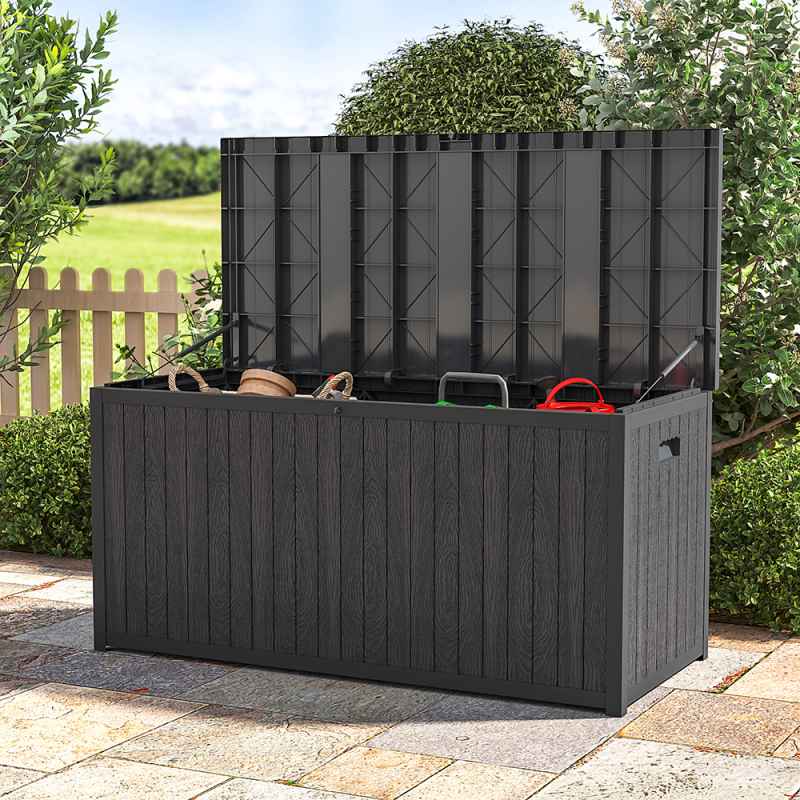 Living and Home 430L Black Waterproof Garden Storage Box with Dual Handles and Lockable Lid - Large Plastic Tool & Equipment Storage