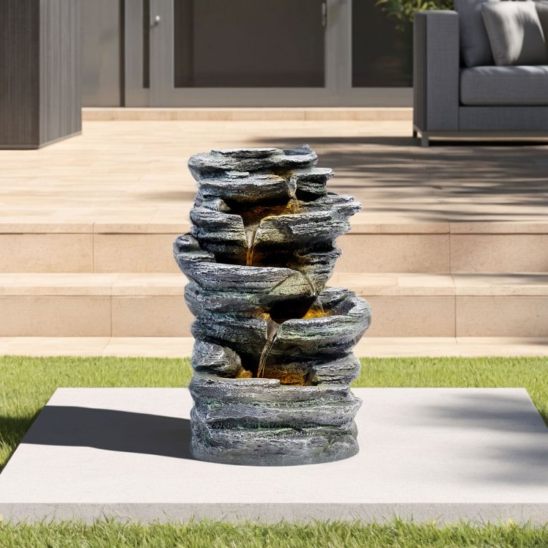 Aluminium 4 Piece Sofa Set Anthracite Grey + Garden Water Feature Outdoor LED Waterfall Fountain Rockery Decor Bundle