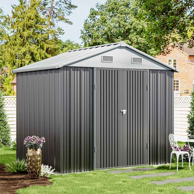 Living and Home 7.83 x 6.1FT Apex Roof Metal Garden Storage Shed with Lockable Door, Grey+White