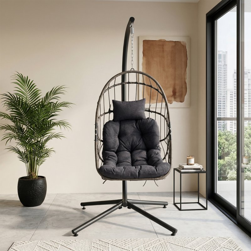 Living and Home Swing Hanging Egg Chair with Cushion and Headrest, Grey+Black