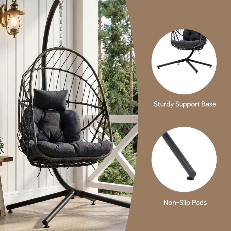 Living and Home Swing Hanging Egg Chair with Cushion and Headrest, Grey+Black