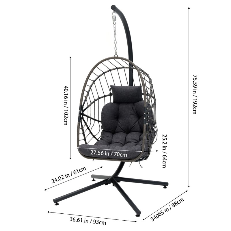 Living and Home Swing Hanging Egg Chair with Cushion and Headrest, Grey+Black