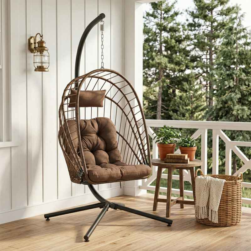 Living and Home Swing Hanging Egg Chair with Cushion and Headrest, Brown + Black