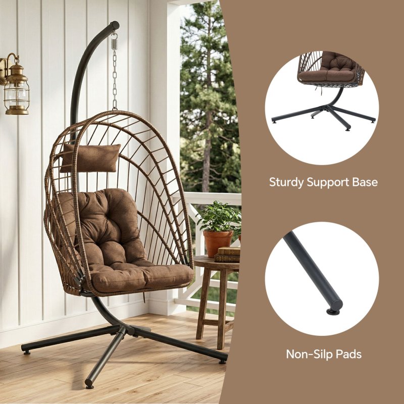 Living and Home Swing Hanging Egg Chair with Cushion and Headrest, Brown + Black