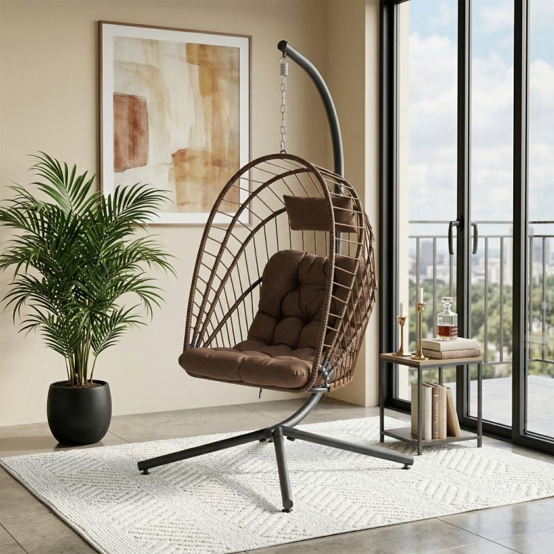 Living and Home Swing Hanging Egg Chair with Cushion and Headrest, Brown + Black