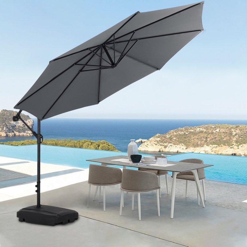Rattan Modular 6-Piece Garden Furniture Set Black + 3M Banana Cantilever Patio Parasol with Wheeled Fillable Base + Waterproof Parasol Cover Bundle