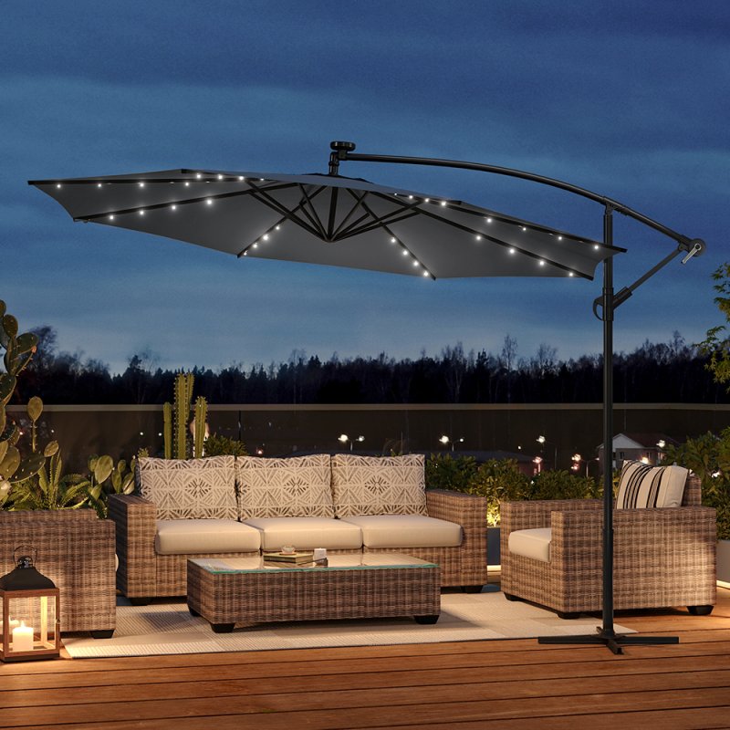 Grey Rattan 7 Piece Modular Garden Furniture Set + 32 LED Patio Umbrella Bundle