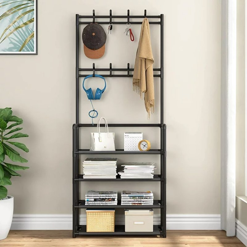 Living and Home Entryway 4 Tier Shoe Rack with Coat Hanger, Black