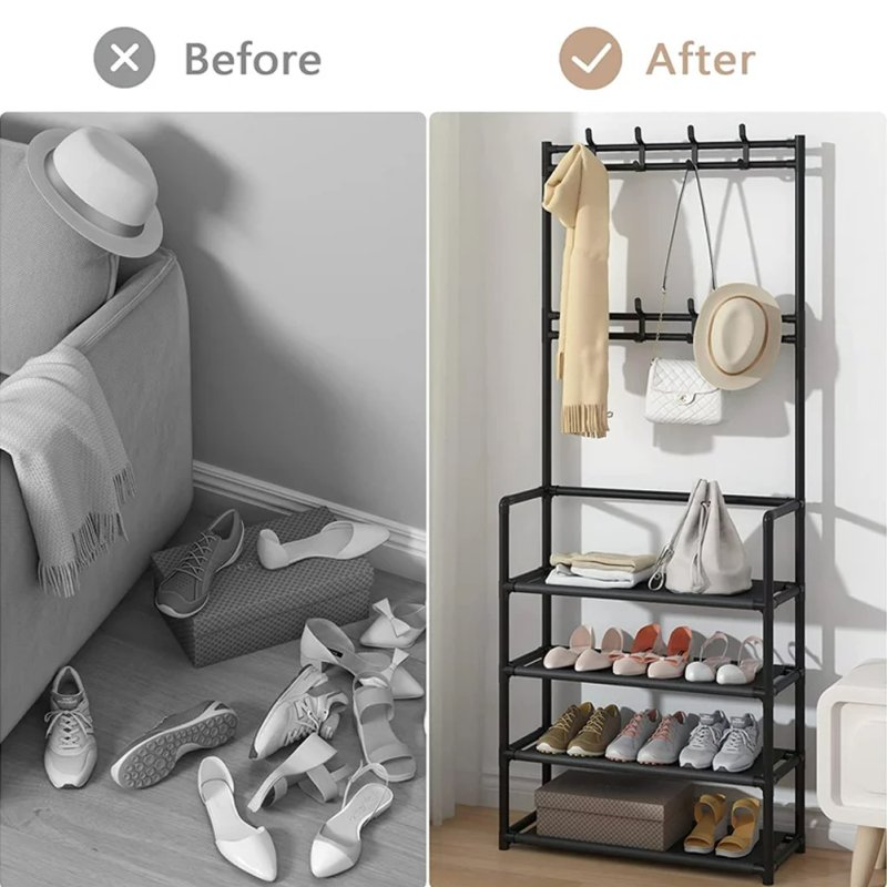 Living and Home Entryway 4 Tier Shoe Rack with Coat Hanger, Black