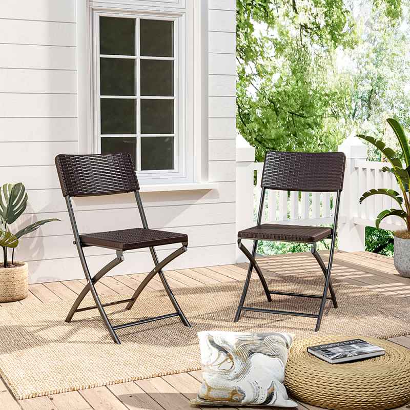 Living and Home Set of 2 Outdoor Rattan Plastic Folding Chairs Dining Chairs Set Brown