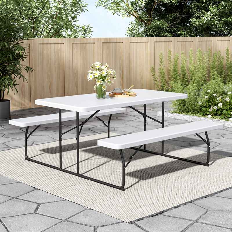 Living and Home White Foldable Picnic Table and Bench Set with Parasol Hole 180cm W x 160cm D x 74cm H