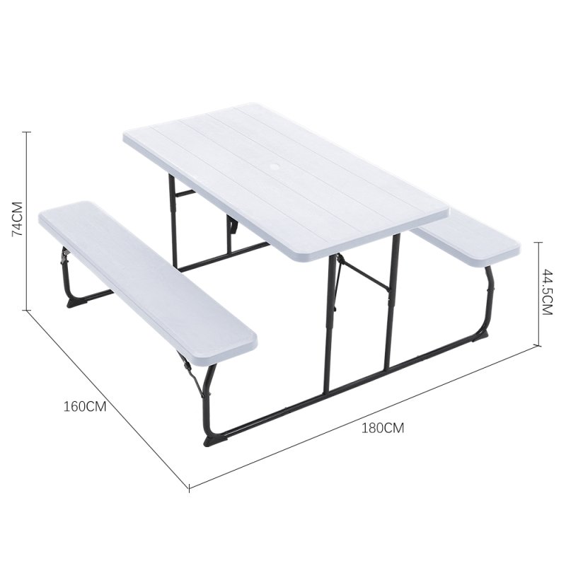 Living and Home White Foldable Picnic Table and Bench Set with Parasol Hole 180cm W x 160cm D x 74cm H