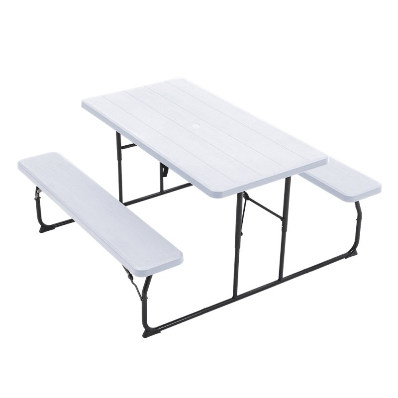Living and Home White Foldable Picnic Table and Bench Set with Parasol Hole 180cm W x 160cm D x 74cm H