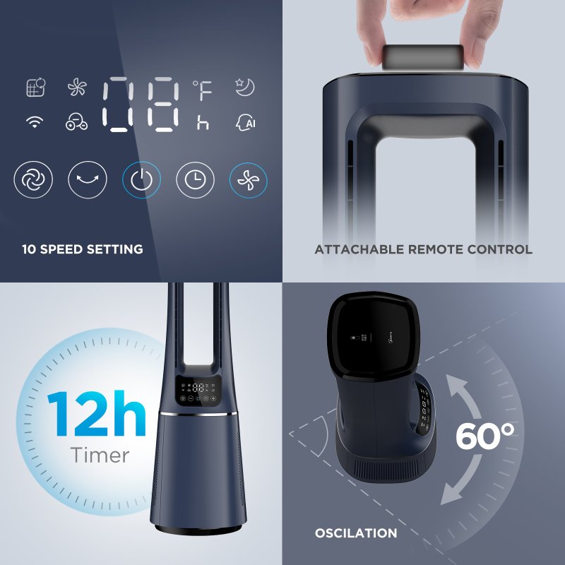 2-in-1 Bladeless Tower Fan with HEPA Filter For Air Purify with Touch Screen LED Display, Dark Blue
