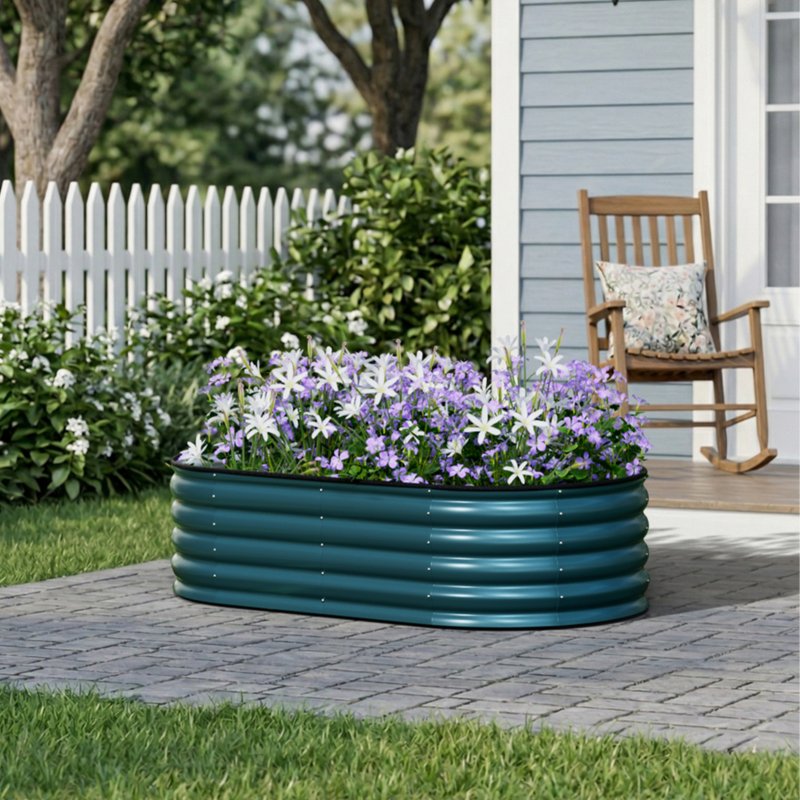 Living and Home 160cm W Oval-Shaped Galvanised Steel Raised Garden Bed, Garden Planter, Dark Green