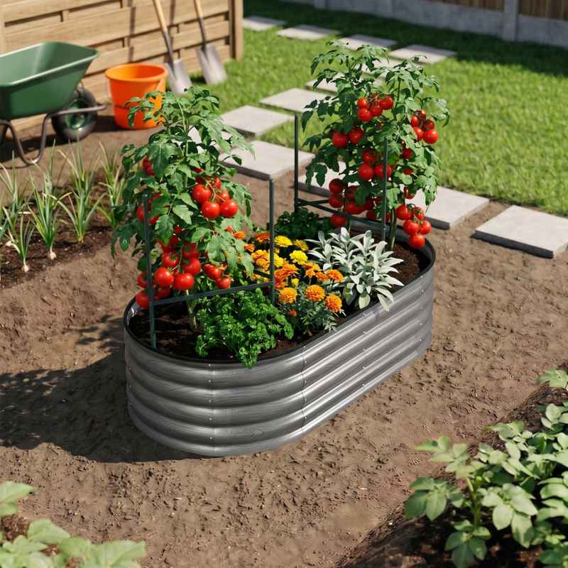 Living and Home 160cm W Outdoor Galvanized Steel Grey Raised Garden Bed with Green Trellis