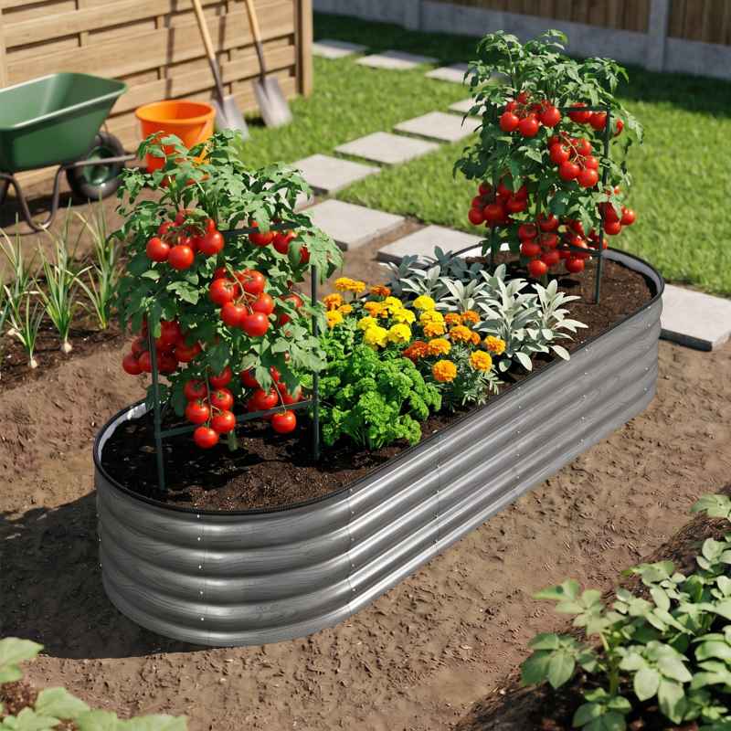 Living and Home 240cm W Outdoor Galvanized Steel Grey Raised Garden Bed with Green Trellis