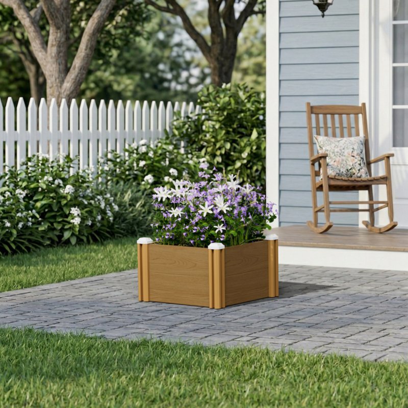 Living and Home 54cm W Square Plastic Wood-Grain Raised Garden Bed Planter, Brown Wood Grain