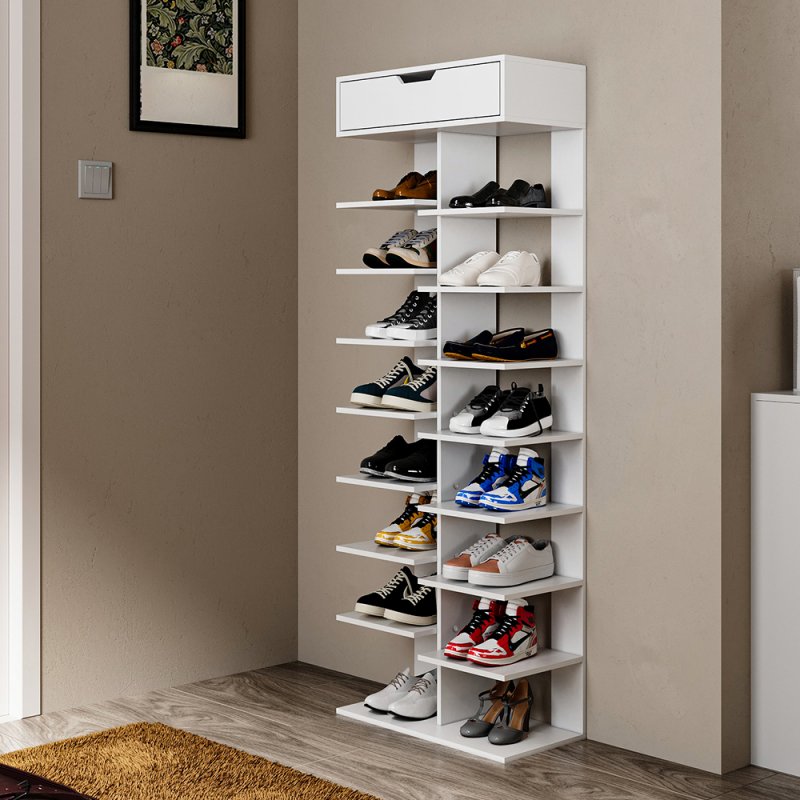 Living and Home 9 Tier Shoe Rack with Drawer Organizer Storage Shelf Hallway Shoe Rack