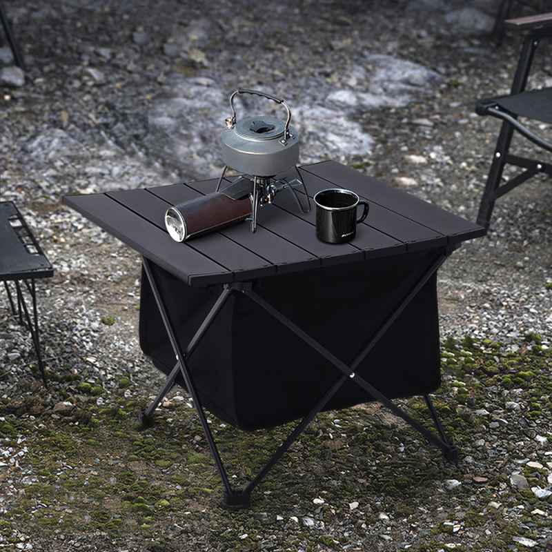 Living and Home Black Aluminum Alloy Portable Roll-Top Camping Table with Storage Basket, 56cm W x 41cm D x 41cm H