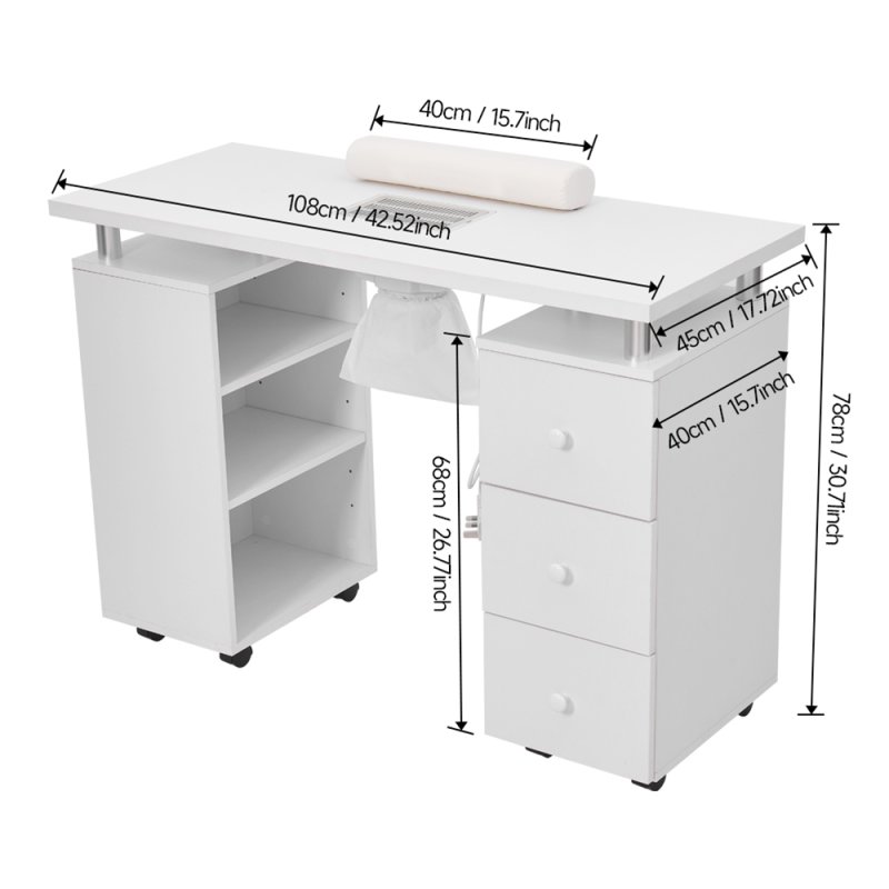 Living and Home White Manicure Table with Dust Collector and Wrist Cushion, 108 cm W x 45 cm D x 78 cm H