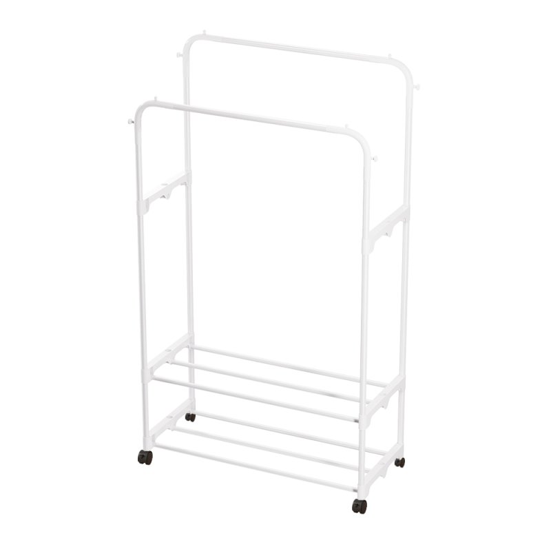 Living and Home Freestanding Double Rod Metal Clothes Rack with 2 Shelves and Hooks, White