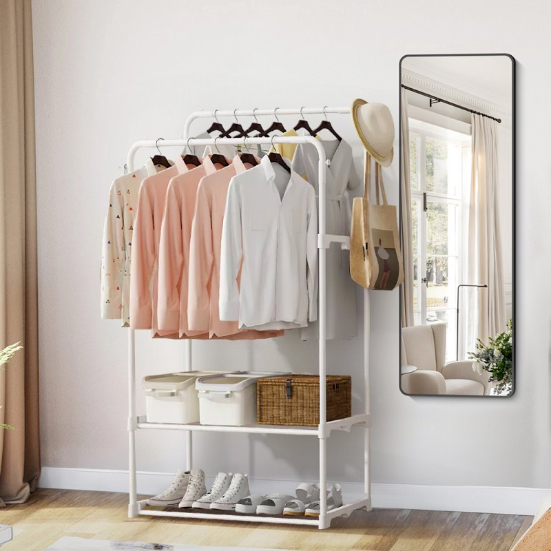 Living and Home Freestanding Double Rod Metal Clothes Rack with 2 Shelves and Hooks, White