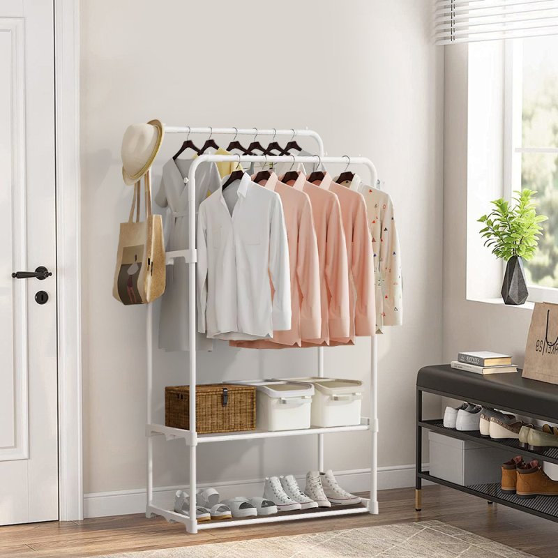 Living and Home Freestanding Double Rod Metal Clothes Rack with 2 Shelves and Hooks, White