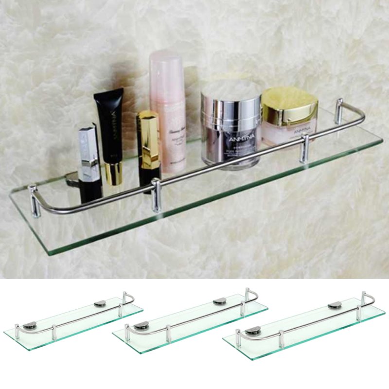 Living and Home 38.5/50/60cm Wall Mounted Tempered Glass Bathroom Shelf, 6mm Thick Glass Toiletries Storage Organizer with Guardrail