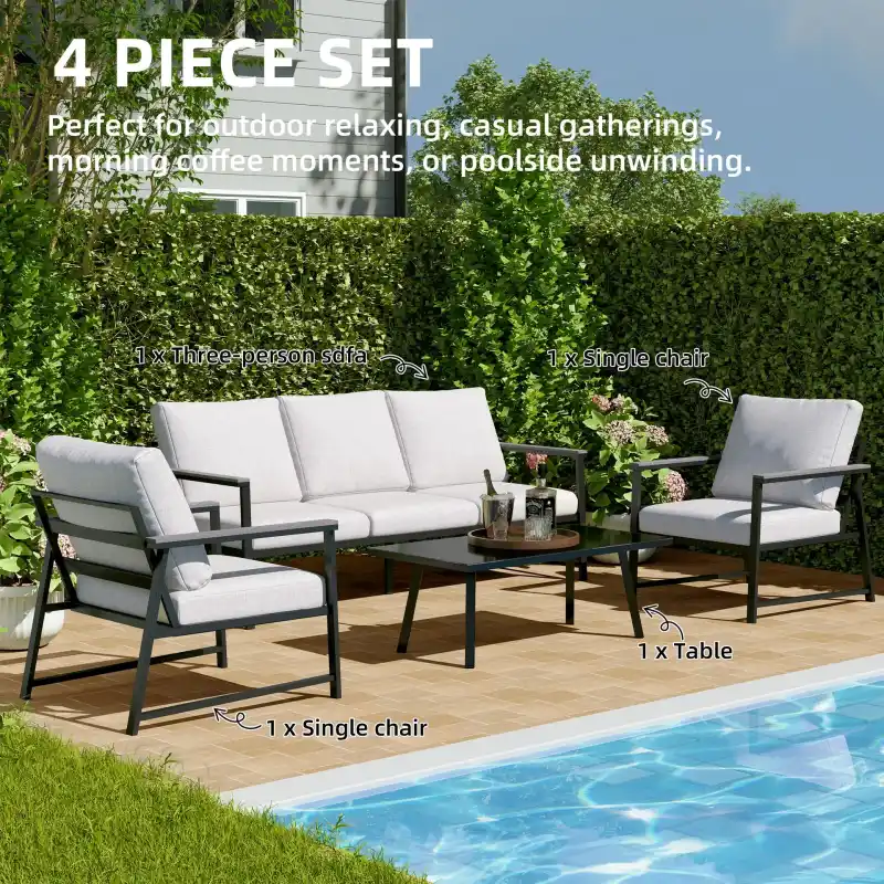 Living and Home 4 Piece Aluminium Outdoor Sofa Set with Glass Table Garden Furniture
