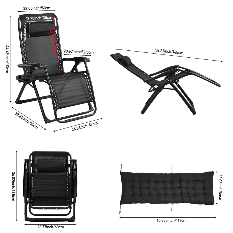 Living and Home Zero Gravity Outdoor Recliner with Seat Cushion & Headrest, Black