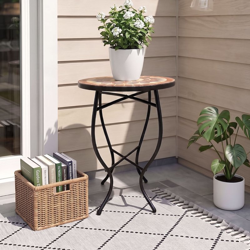 Living and Home Outdoor Mosaic Accent Side Table Plant Stand, 36cm Dia x 54cm H