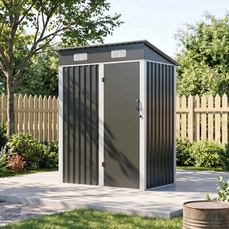 Living and Home 4.92x2.95ft Outdoor Metal Storage Shed, Pent Roof Garden Tool House with Lockable Door, Vents, Black & White