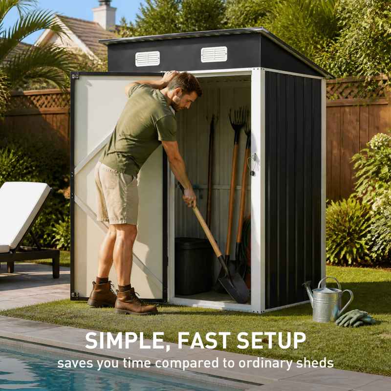 Living and Home 4.92x2.95ft Outdoor Metal Storage Shed, Pent Roof Garden Tool House with Lockable Door, Vents, Black & White