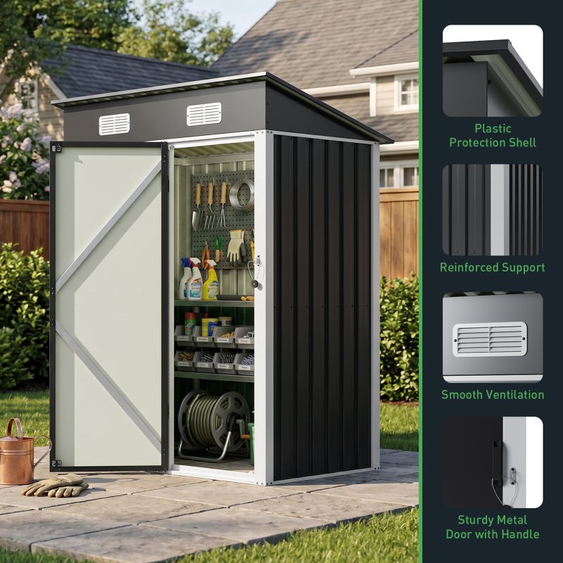 Living and Home 4.92x2.95ft Outdoor Metal Storage Shed, Pent Roof Garden Tool House with Lockable Door, Vents, Black & White