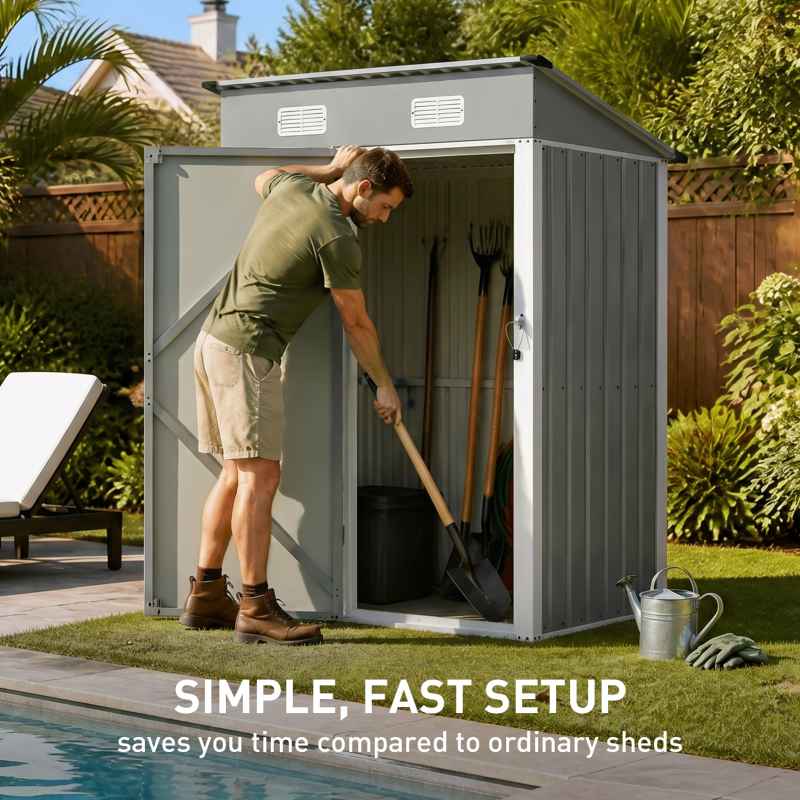 Living and Home 4.92x2.95ft Outdoor Metal Storage Shed, Pent Roof Garden Tool House with Lockable Door, Vents, Grey & White