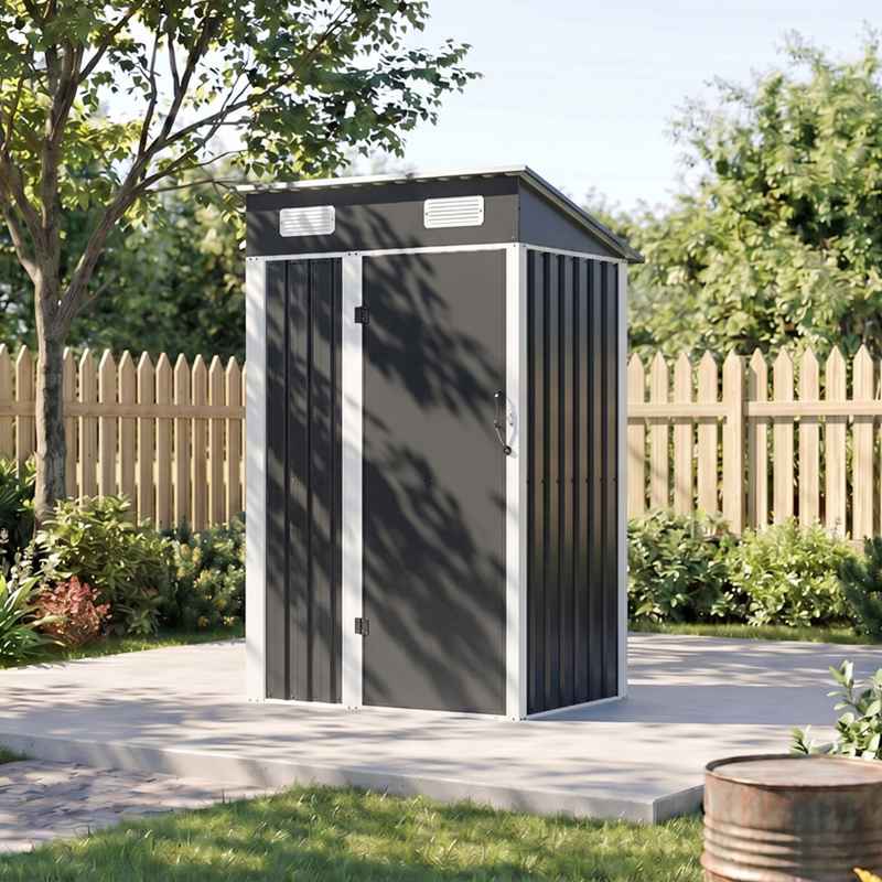 Living and Home 3.94x2.95ft Outdoor Metal Storage Shed, Pent Roof Garden Tool House with Lockable Door & Vents, Black & White