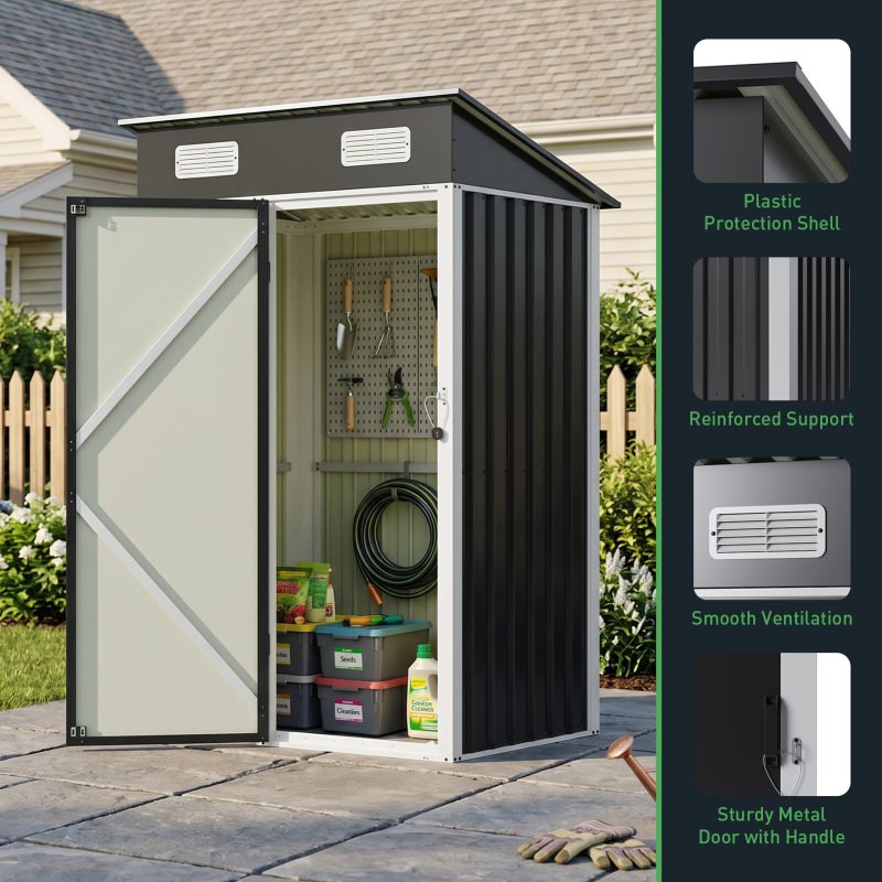 Living and Home 3.94x2.95ft Outdoor Metal Storage Shed, Pent Roof Garden Tool House with Lockable Door & Vents, Black & White