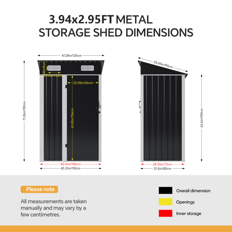 Living and Home 3.94x2.95ft Outdoor Metal Storage Shed, Pent Roof Garden Tool House with Lockable Door & Vents, Black & White