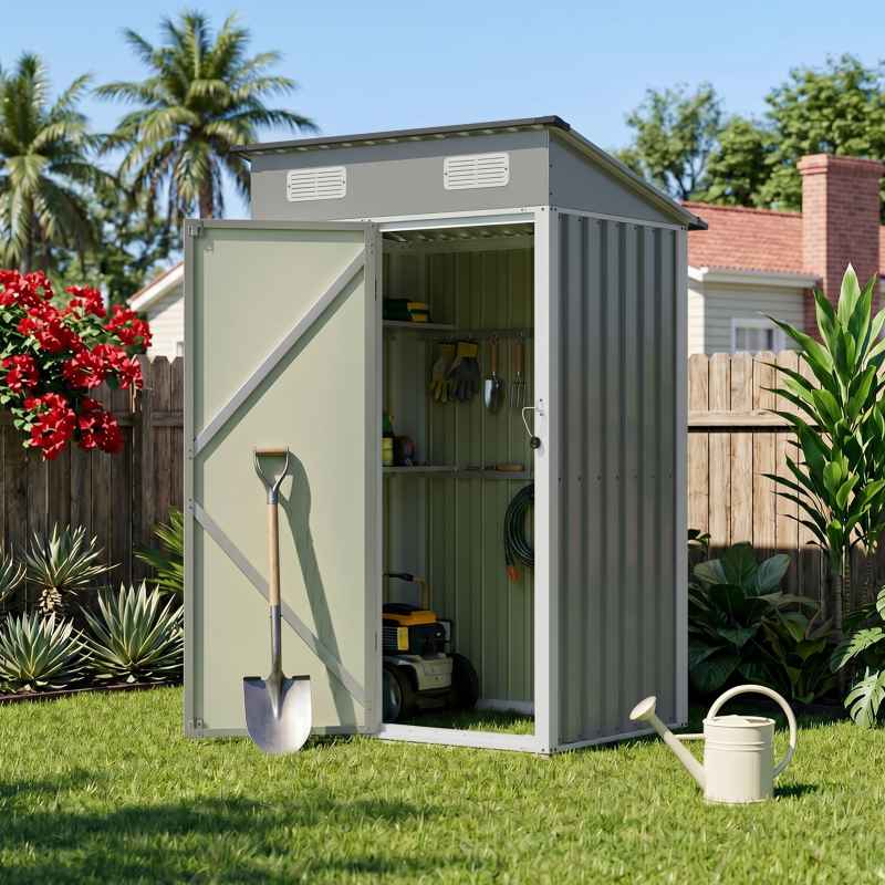 Living and Home 3.94x2.95ft Outdoor Metal Storage Shed, Pent Roof Garden Tool House with Lockable Door & Vents, Grey & White