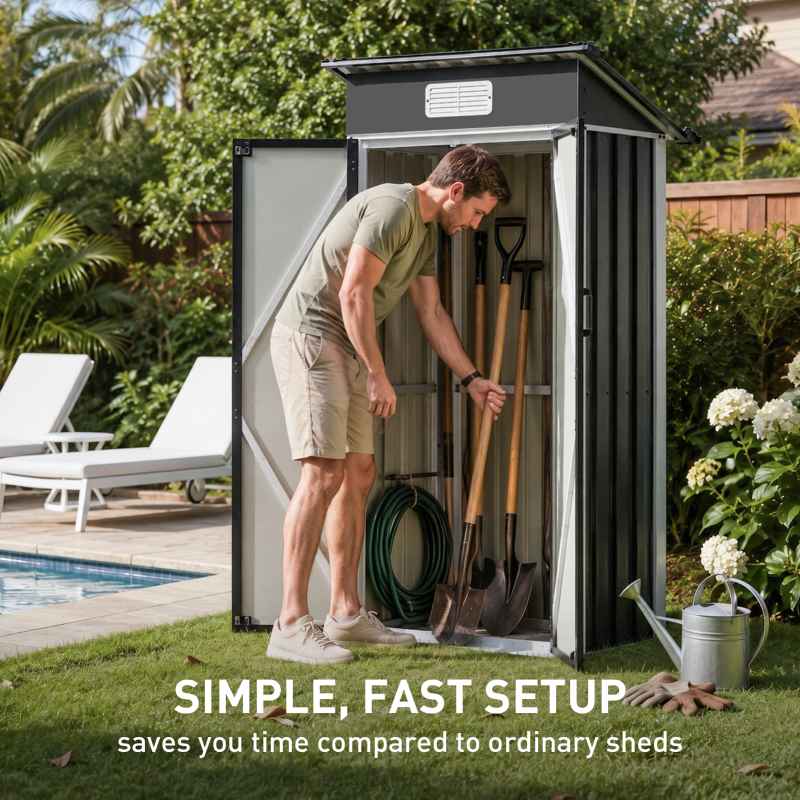 Living and Home 2.95x1.97ft Outdoor Metal Storage Shed, Pent Roof Garden Tool House with Lockable Double Doors & Vent, Black+White