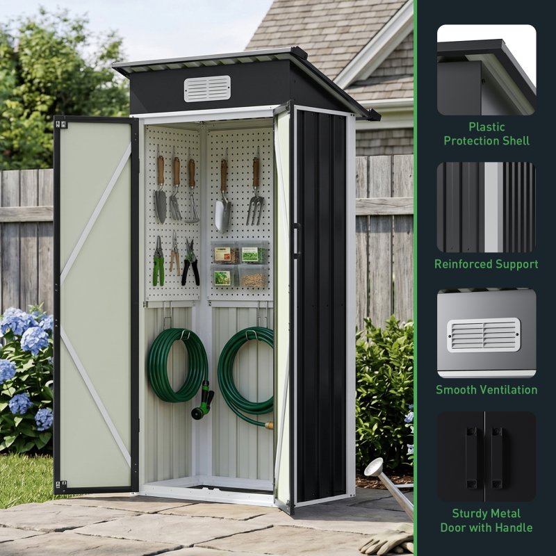 Living and Home 2.95x1.97ft Outdoor Metal Storage Shed, Pent Roof Garden Tool House with Lockable Double Doors & Vent, Black+White